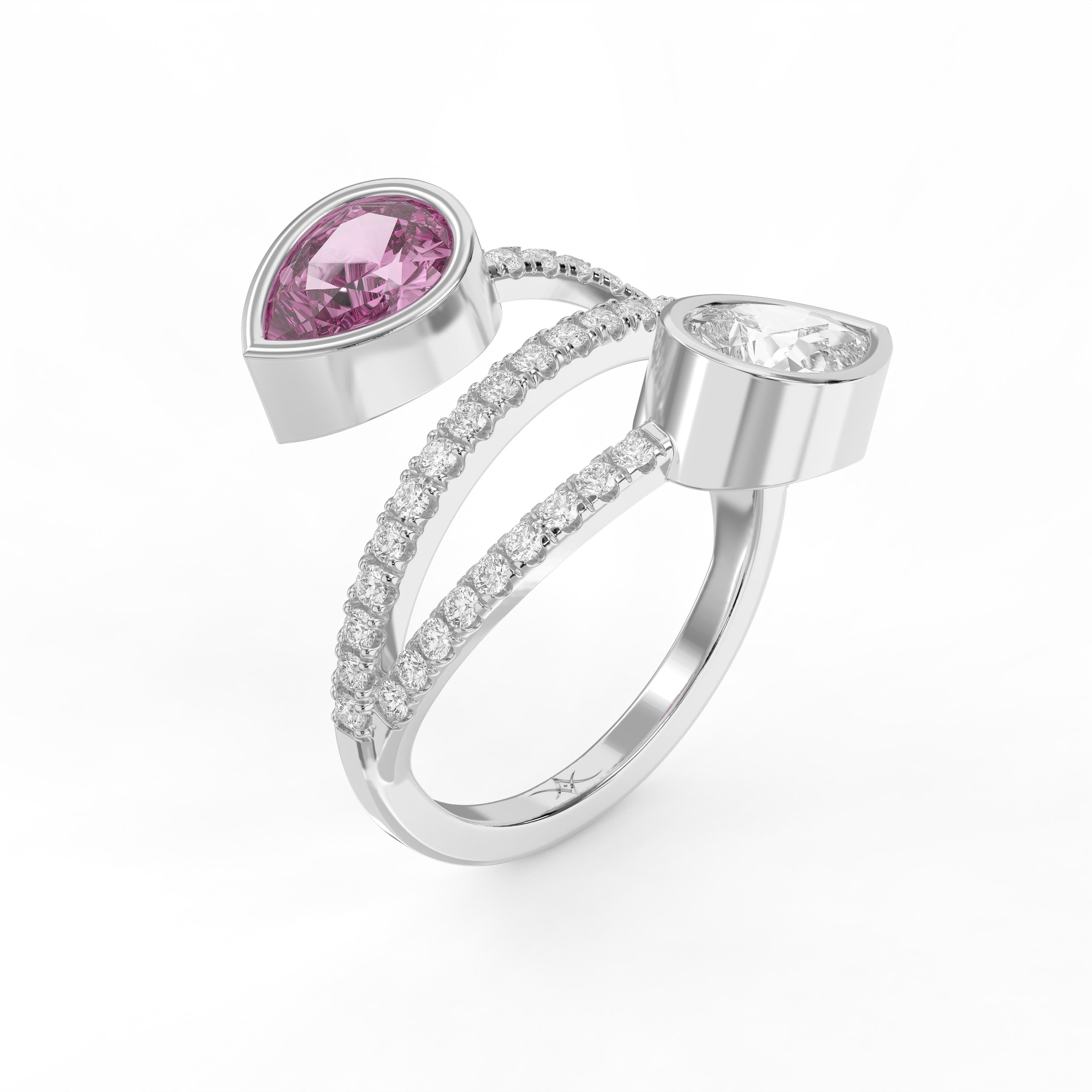 Elegant Wrap Style Dual Pear Shape Diamond Ring with Pink Gemstone |