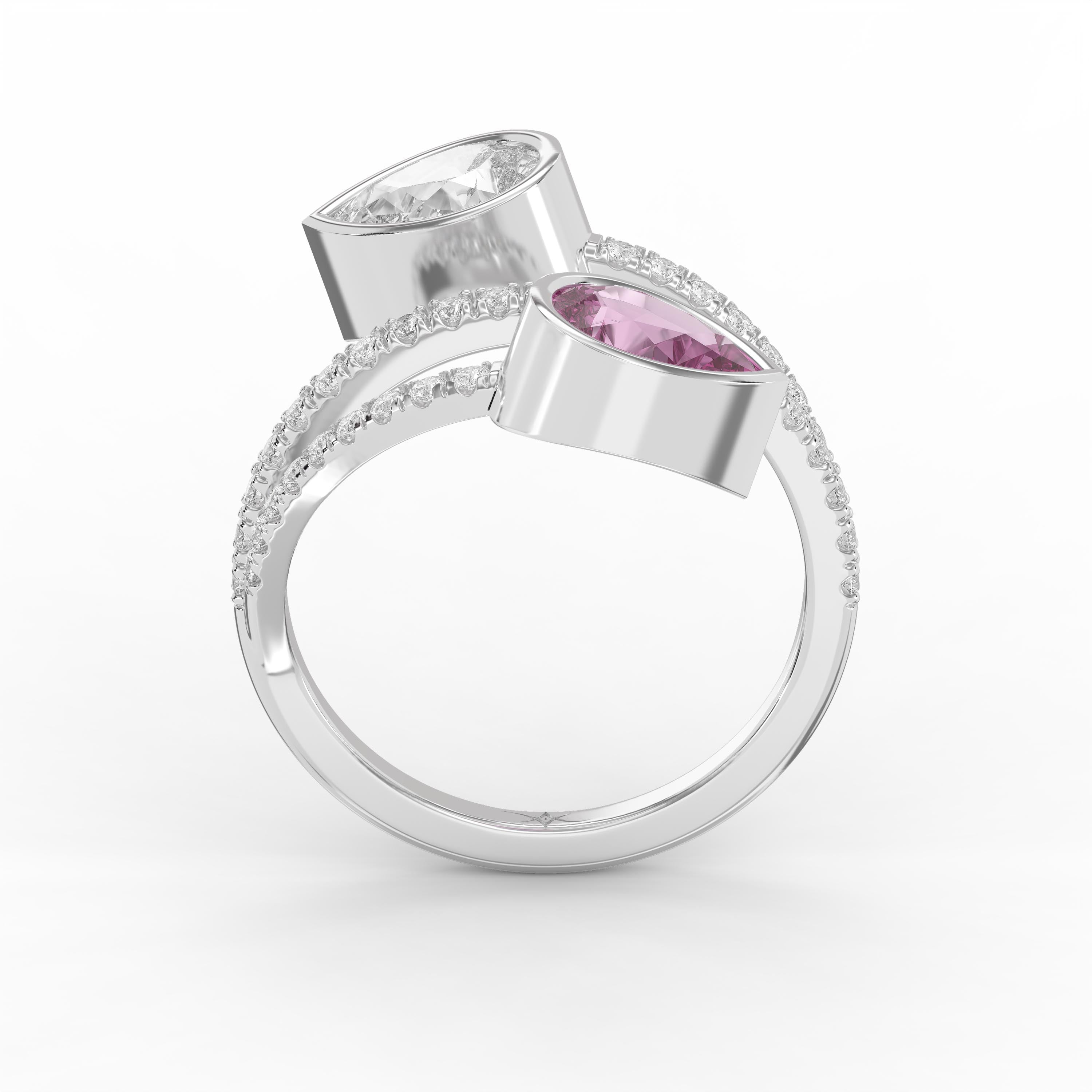 Elegant Wrap Style Dual Pear Shape Diamond Ring with Pink Gemstone |