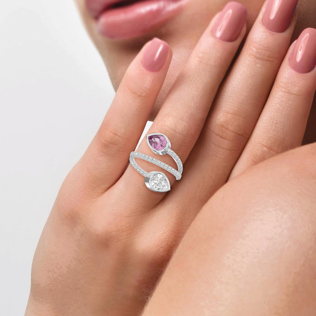 Elegant Wrap Style Dual Pear Shape Diamond Ring with Pink Gemstone |