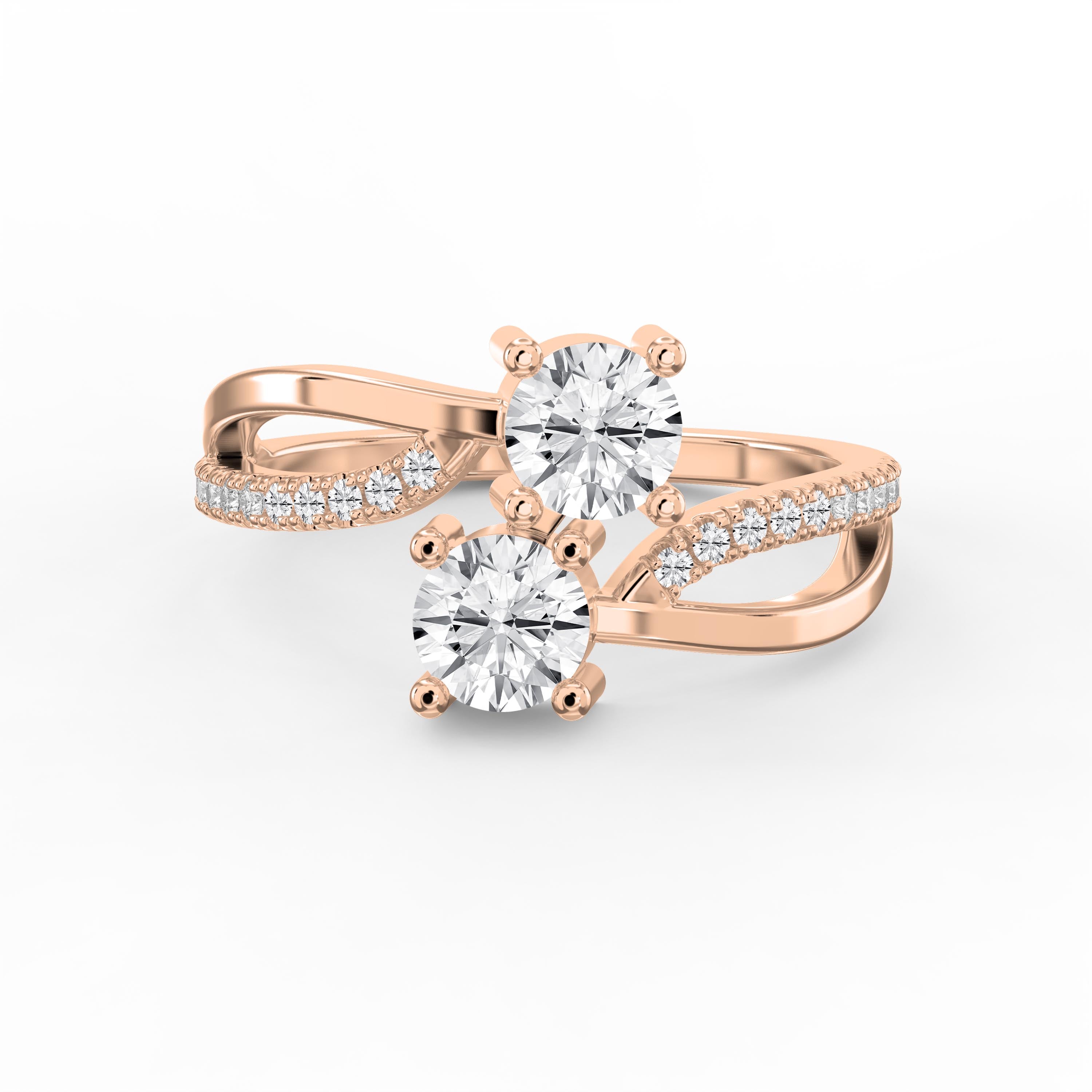 Elegant Two-Stone Diamond Split Shank Double Round Cut Ring with Pavé Band