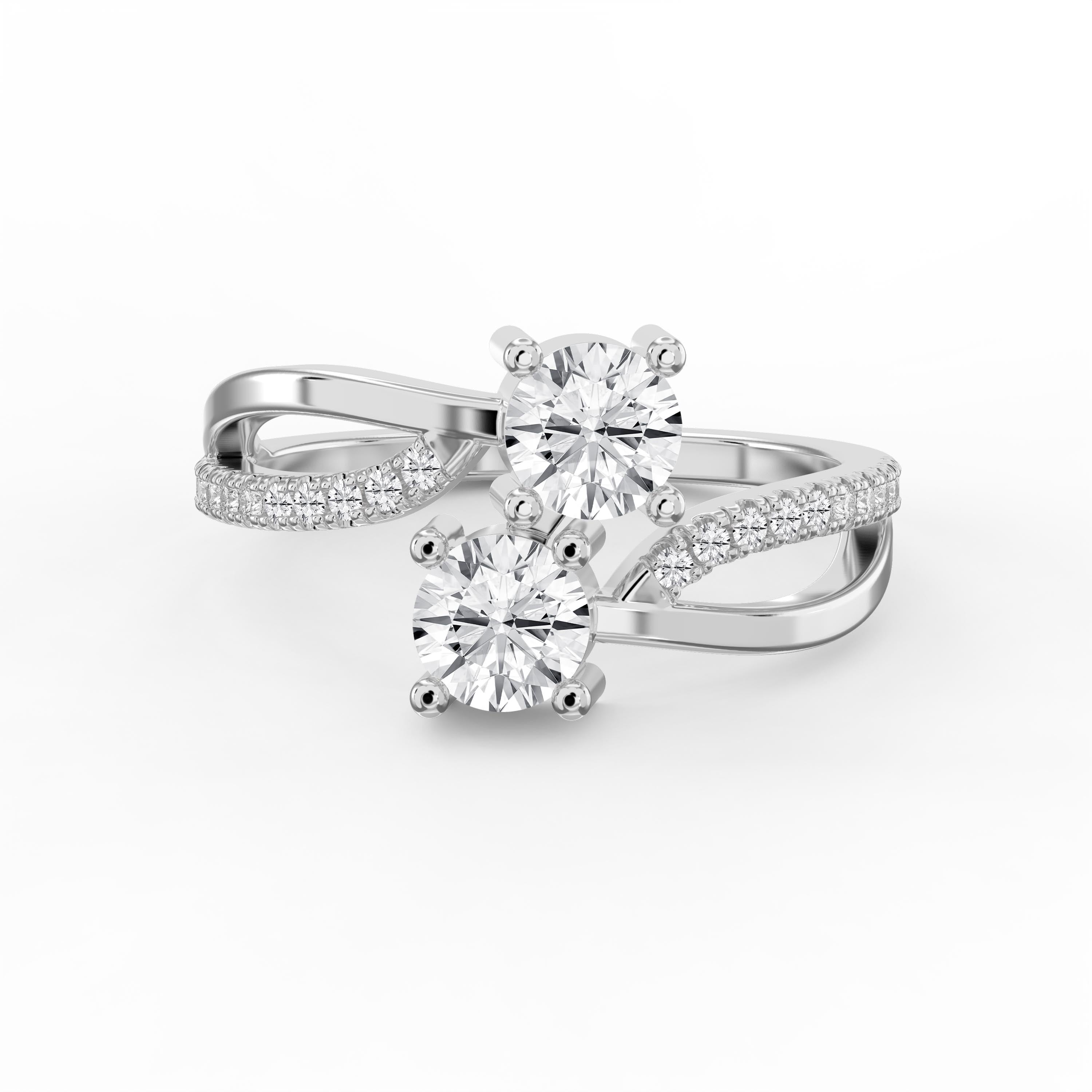 Elegant Two-Stone Diamond Split Shank Double Round Cut Ring with Pavé Band