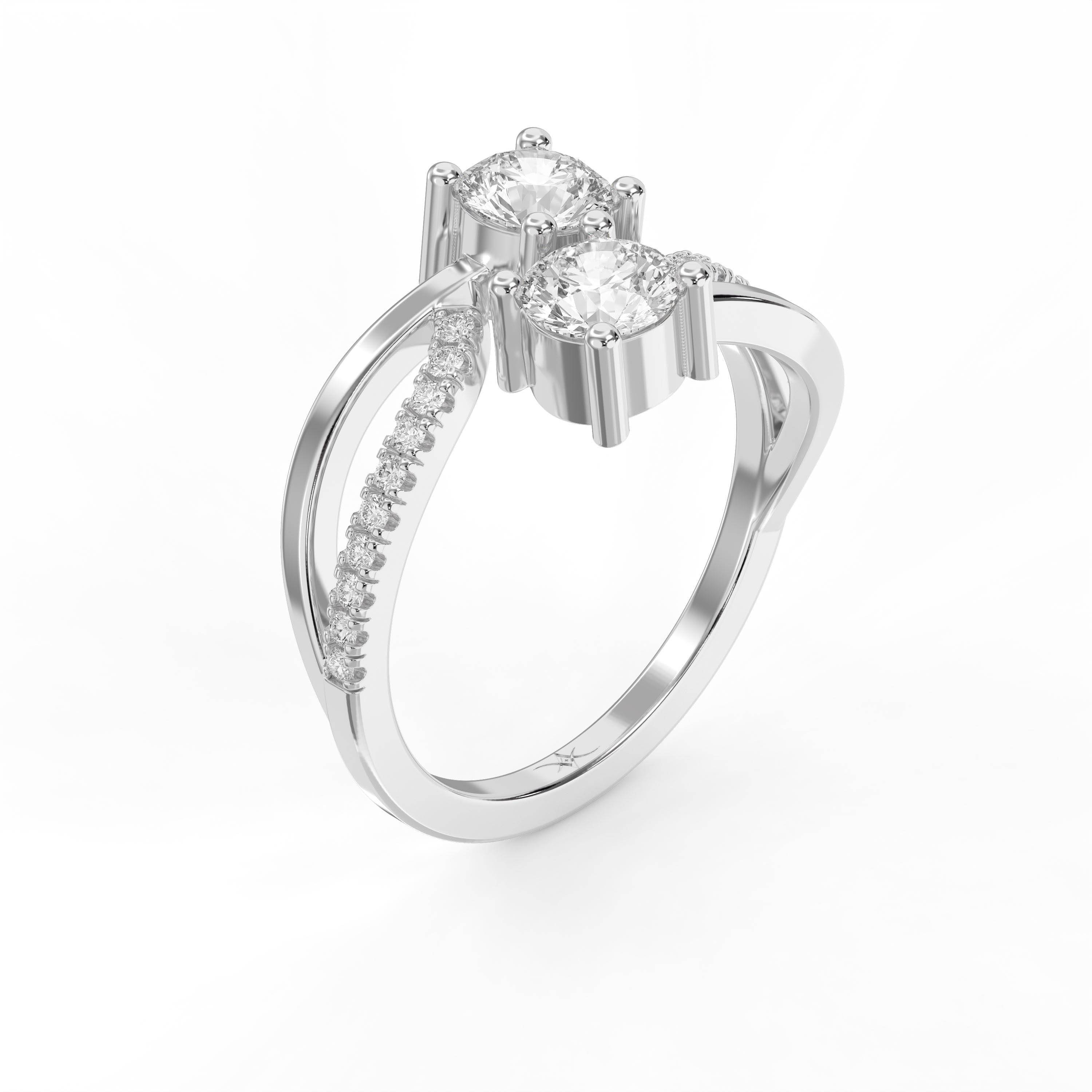 Elegant Two-Stone Diamond Split Shank Double Round Cut Ring with Pavé Band