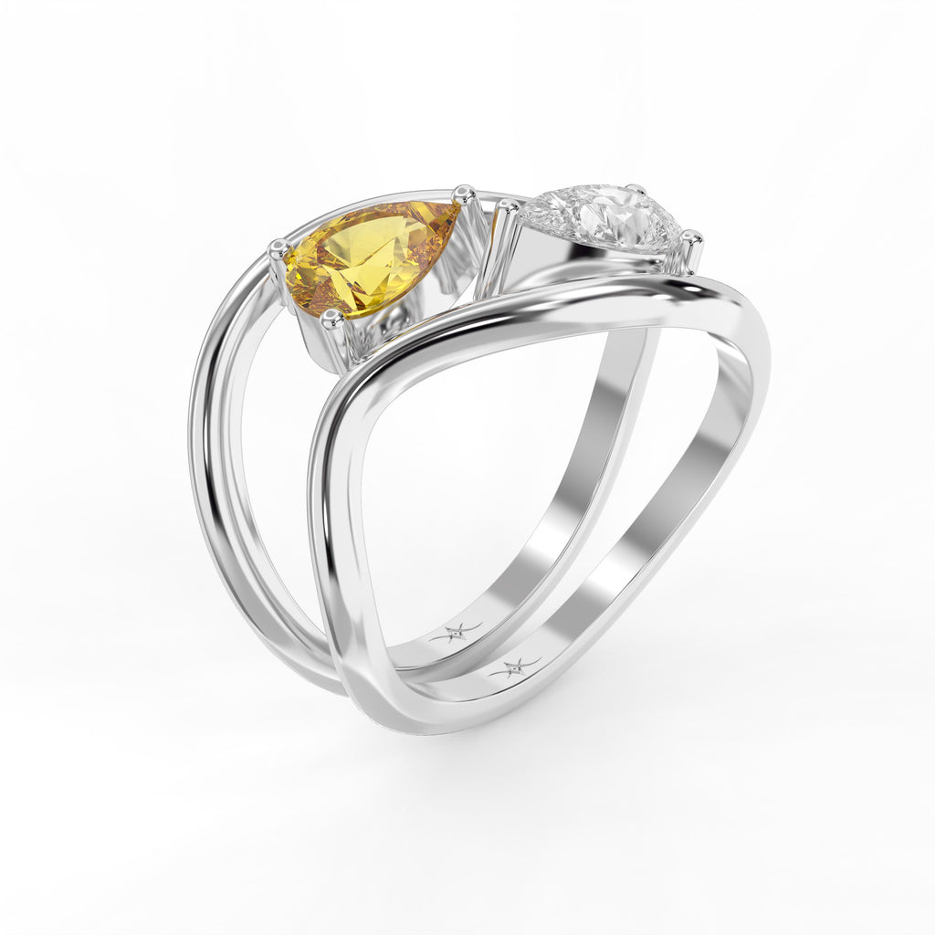 Modern Bypass Pear Cut Yellow & White Diamond Toi et Moi Ring