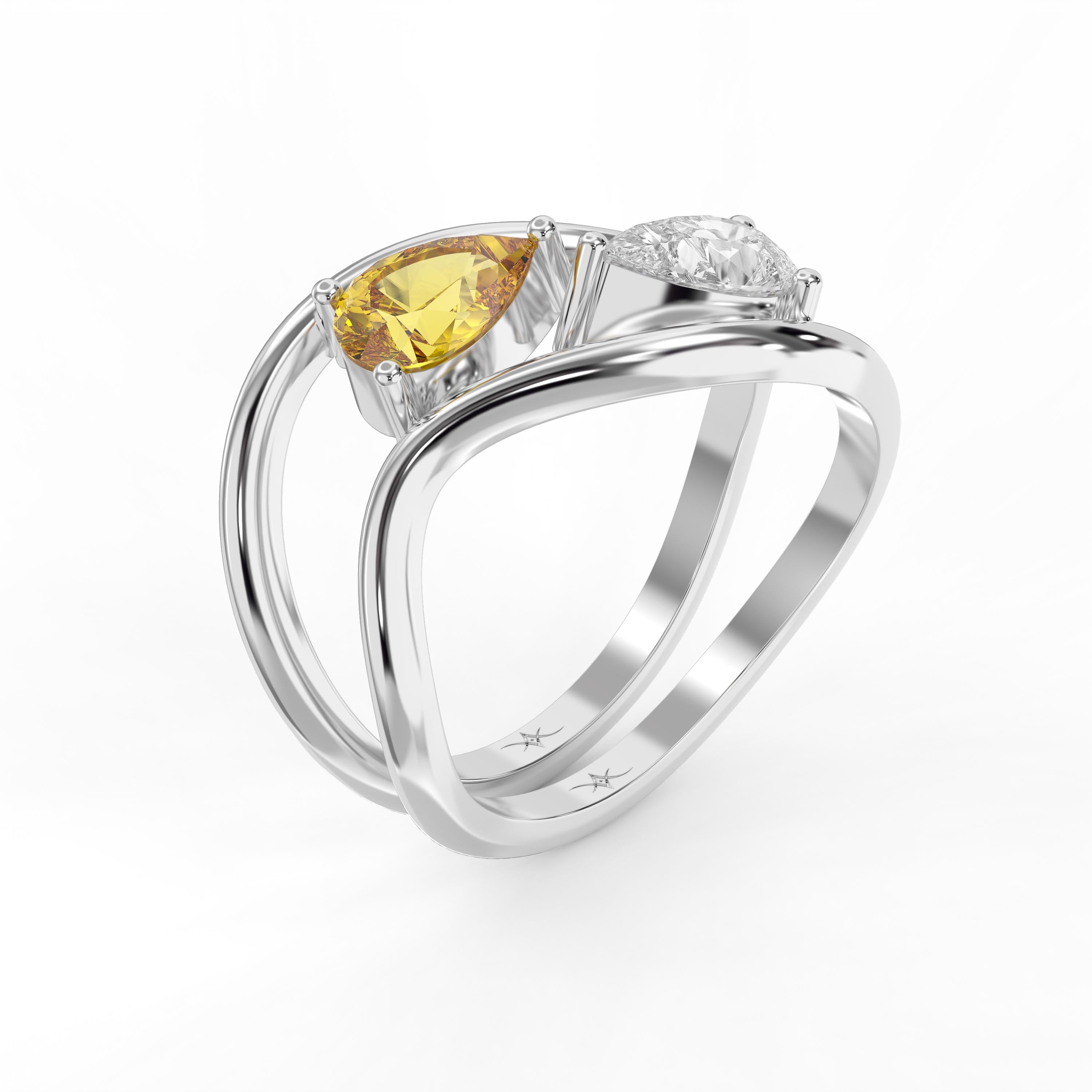 Modern Bypass Pear Cut Yellow & White Diamond Toi et Moi Ring