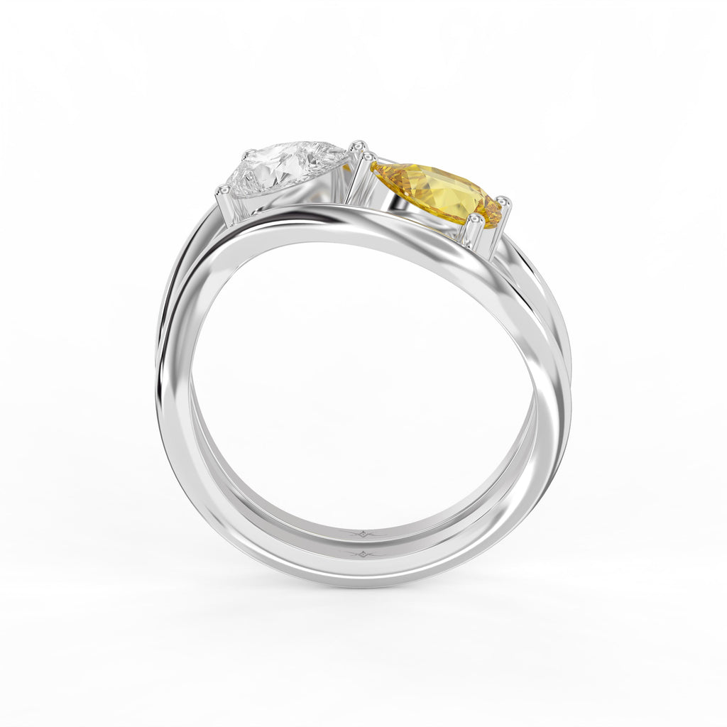 Modern Bypass Pear Cut Yellow & White Diamond Toi et Moi Ring