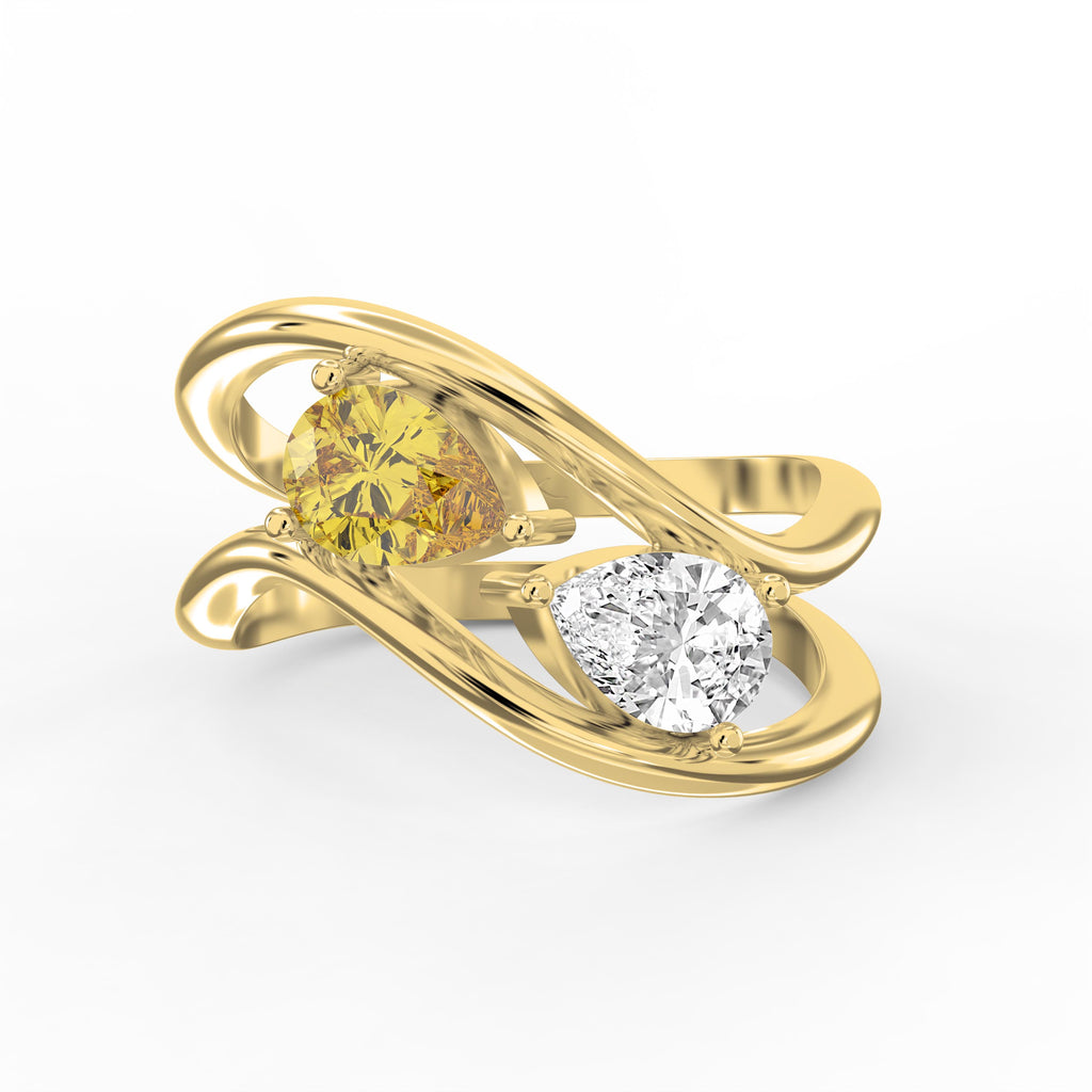 Modern Bypass Pear Cut Yellow & White Diamond Toi et Moi Ring