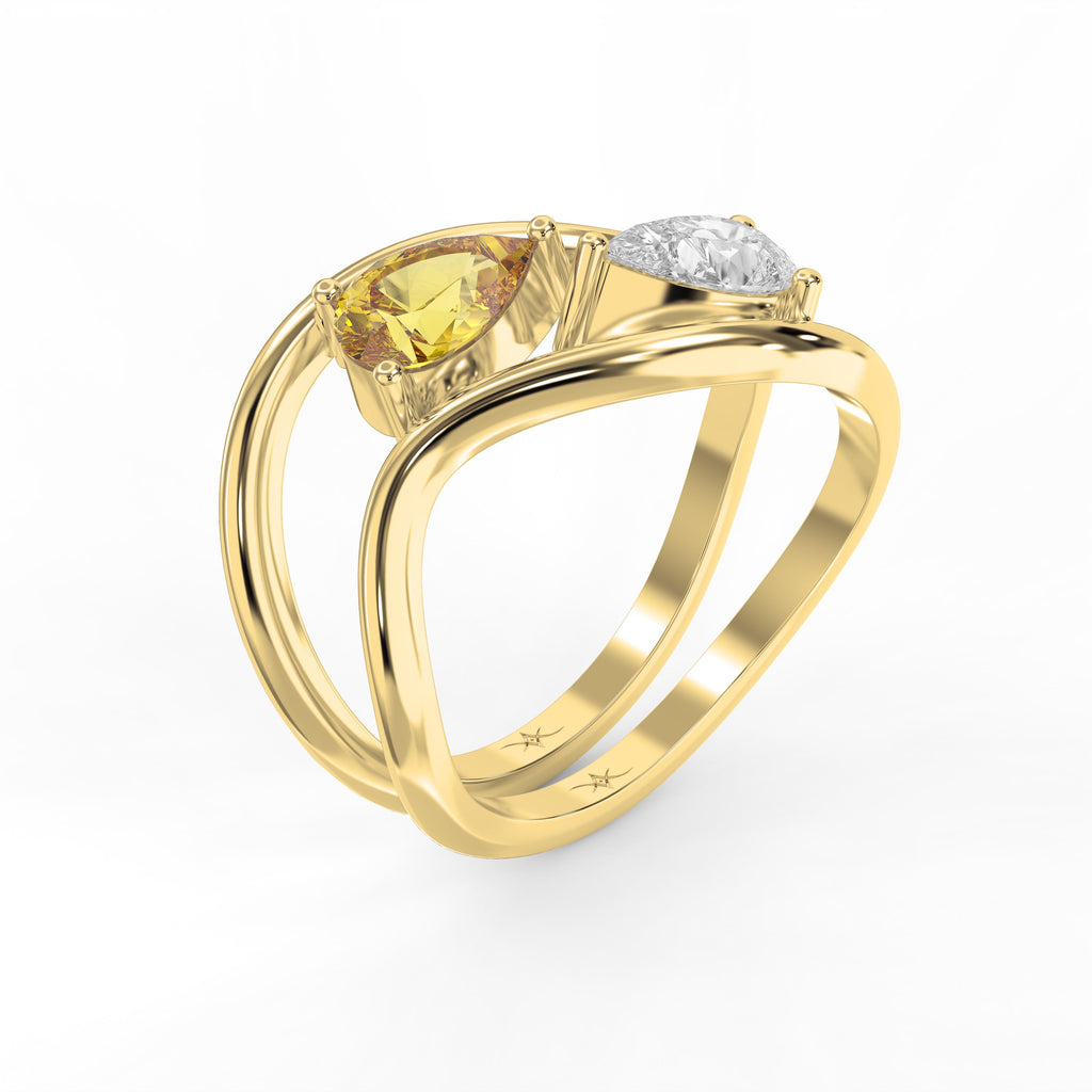 Modern Bypass Pear Cut Yellow & White Diamond Toi et Moi Ring
