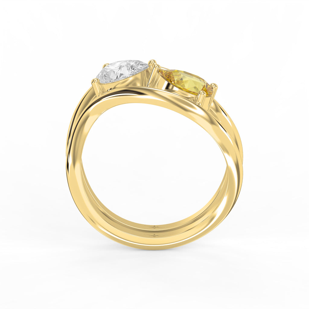 Modern Bypass Pear Cut Yellow & White Diamond Toi et Moi Ring