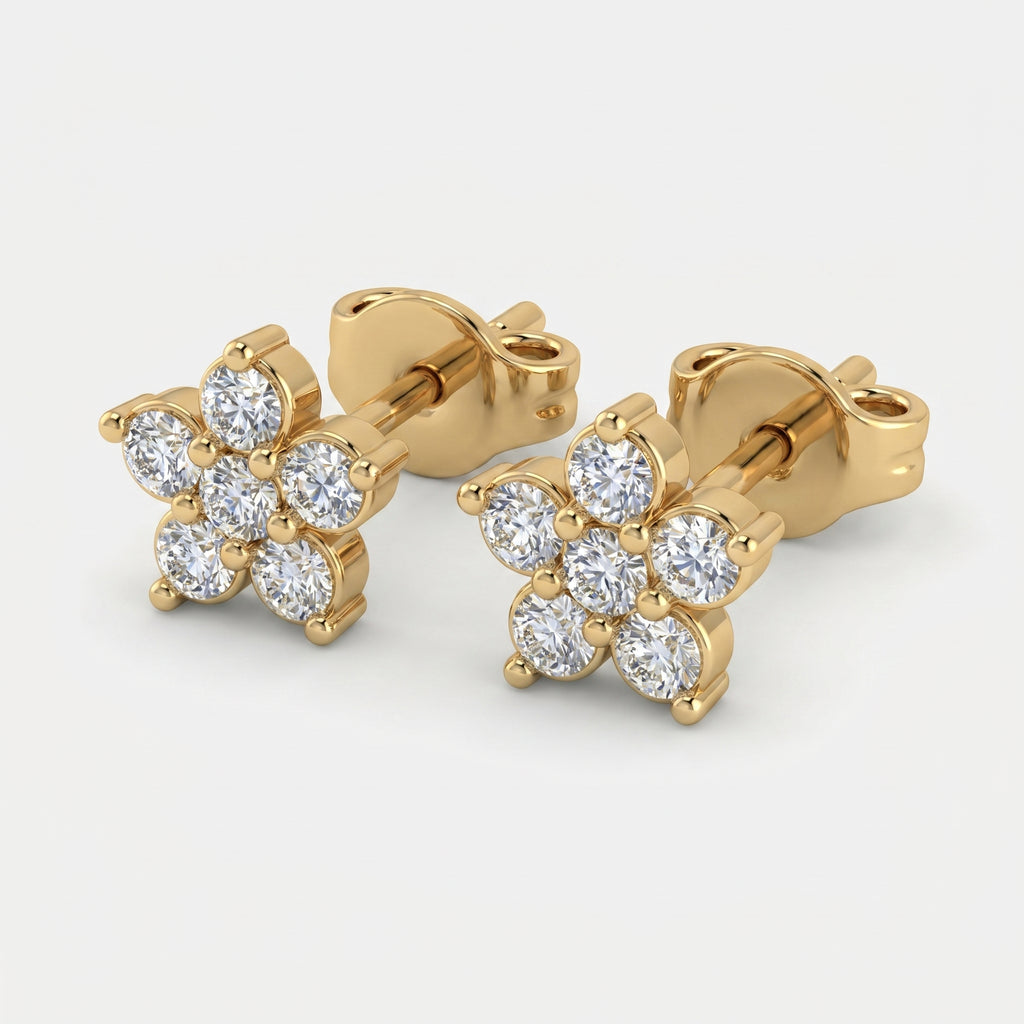 Woman wearing rose gold floral diamond stud earrings in elegant everyday luxury style