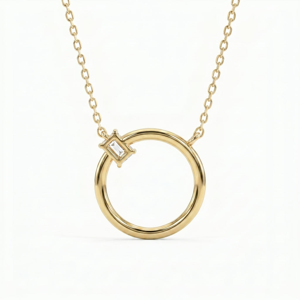 Emerald Cut Diamond Pendant Circle Design Necklace