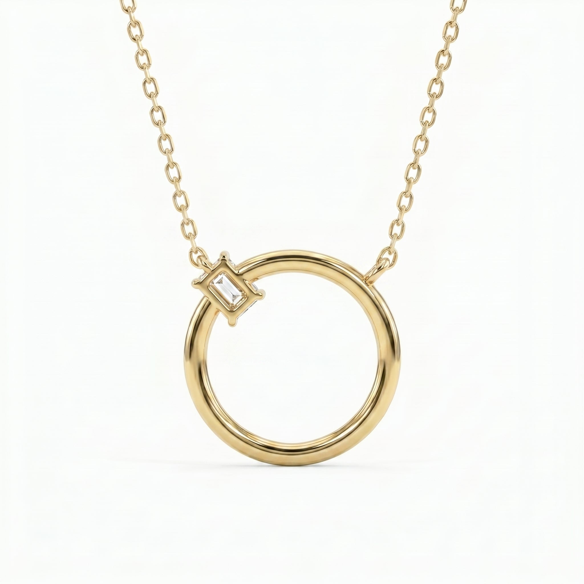 Emerald Cut Diamond Pendant Circle Design Necklace