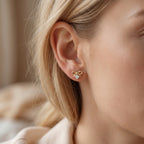 Side profile of bow stud earrings showing polished metal finish and secure solitaire stone setting