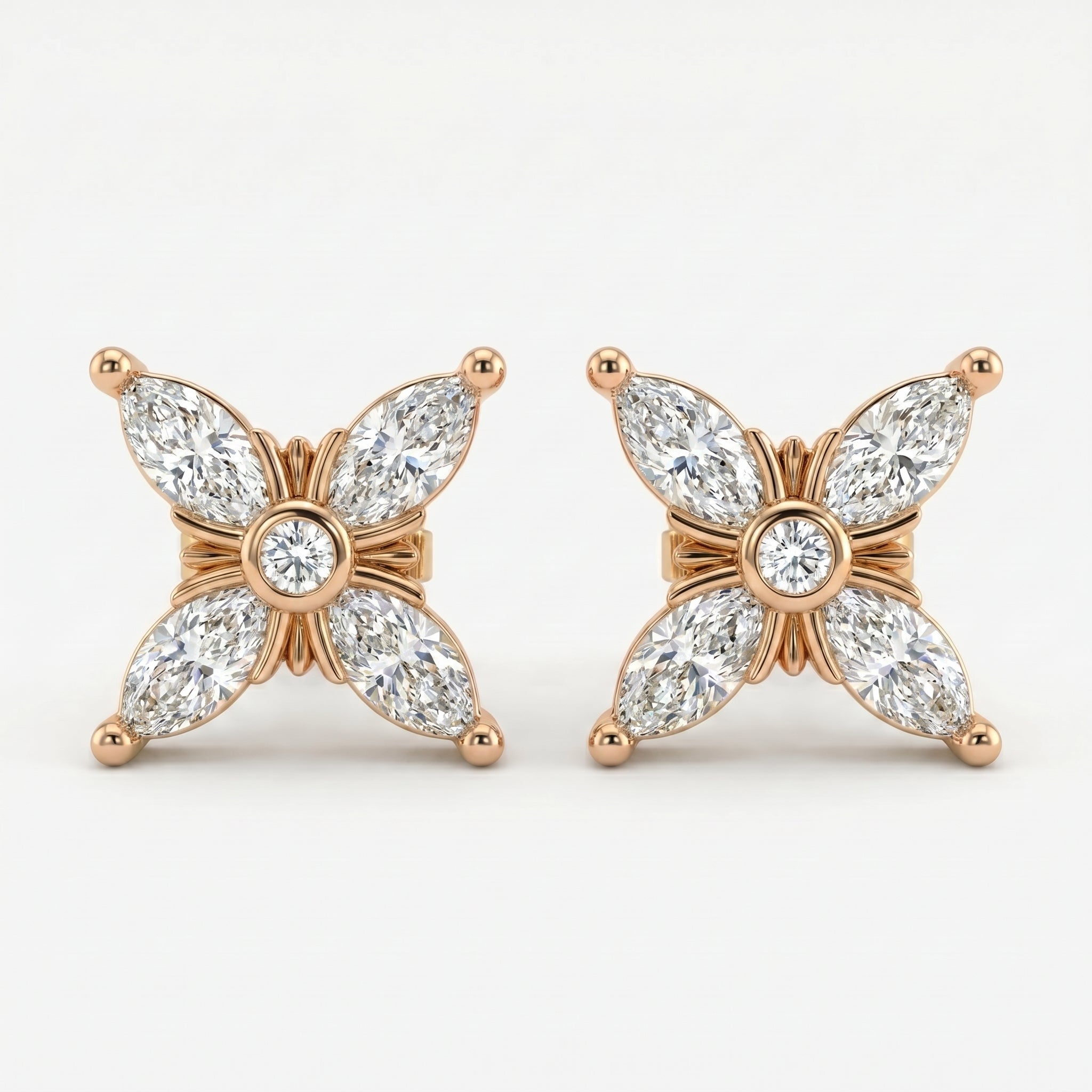Butterfly-shaped diamond stud earring with marquise stones in polished yellow gold at 45-degree angle