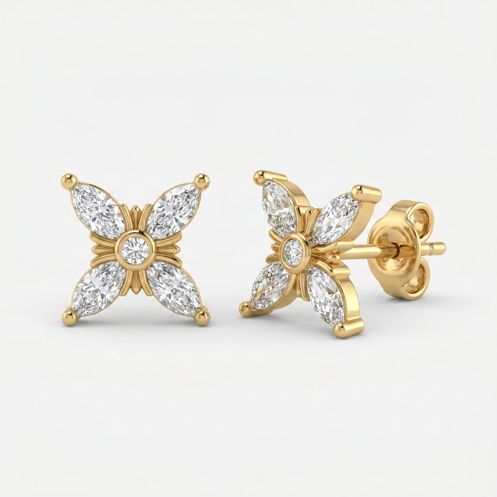 Butterfly diamond stud earrings in yellow gold with marquise and round lab-grown diamonds on white background