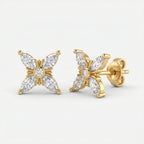 Butterfly diamond stud earrings in yellow gold with marquise and round lab-grown diamonds on white background