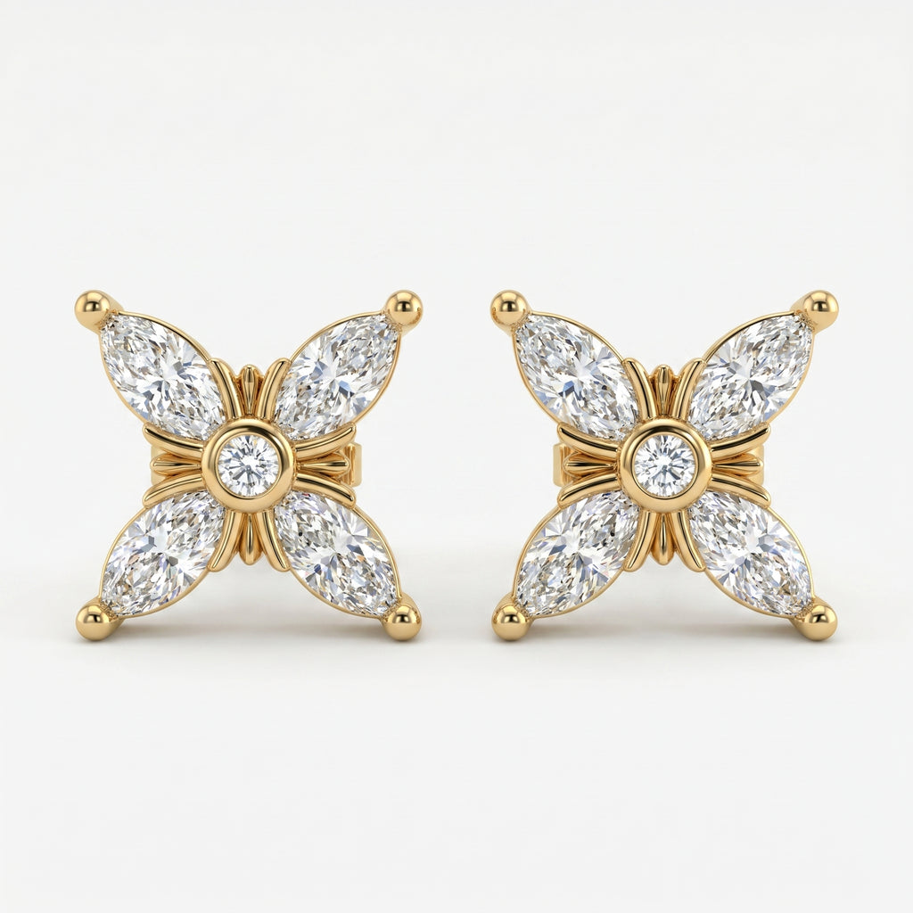 Luxury butterfly stud earrings with marquise diamonds and gold prong setting at elegant 45-degree angle