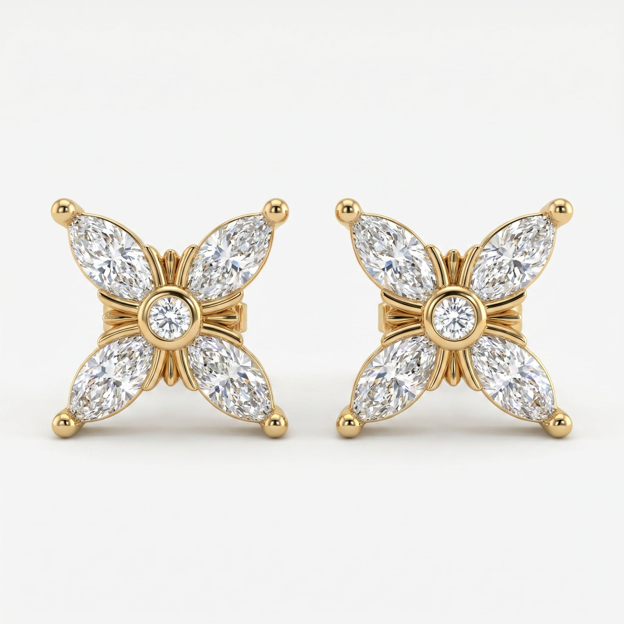 Luxury butterfly stud earrings with marquise diamonds and gold prong setting at elegant 45-degree angle