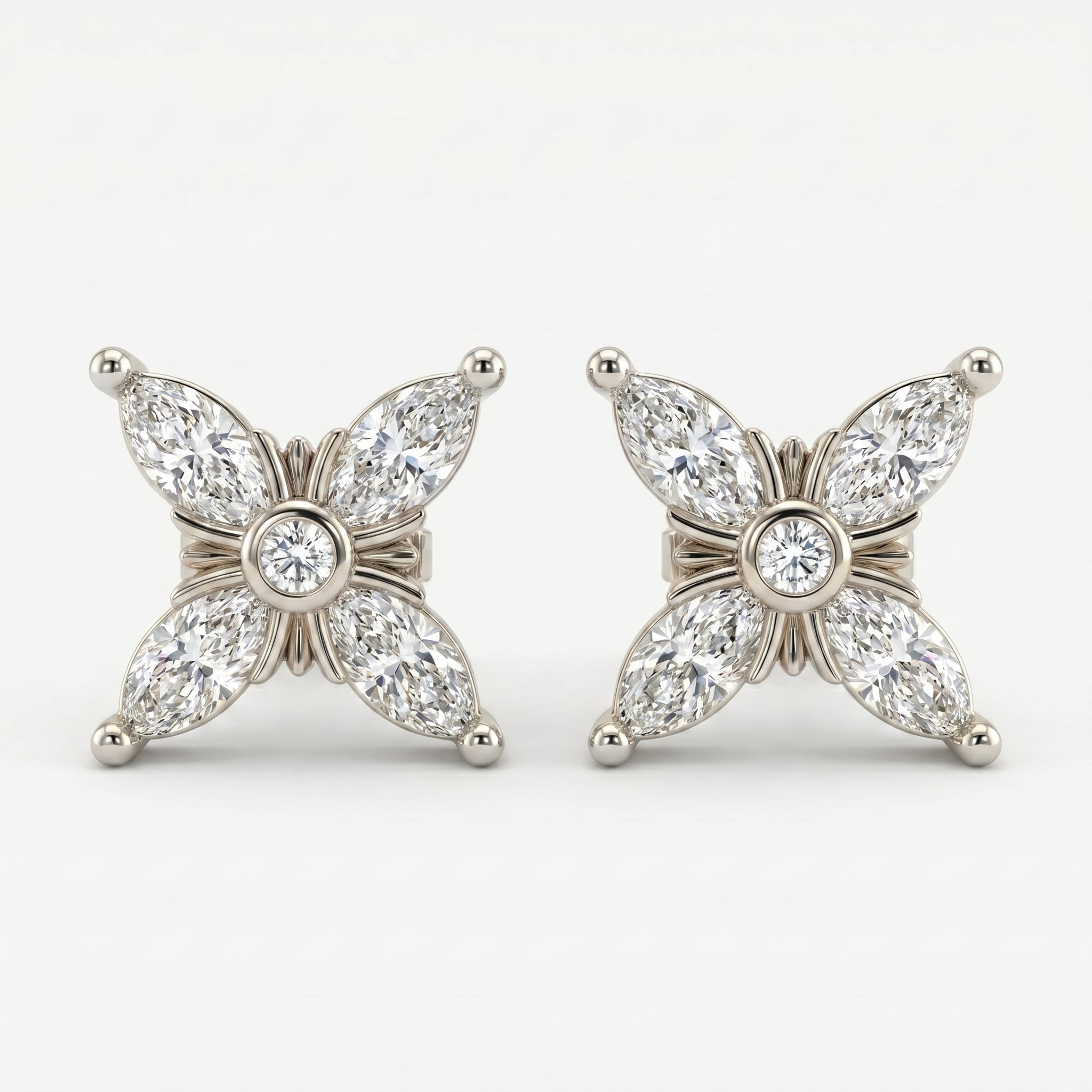 Side profile of butterfly diamond stud earring showing secure gold setting and detailed craftsmanship