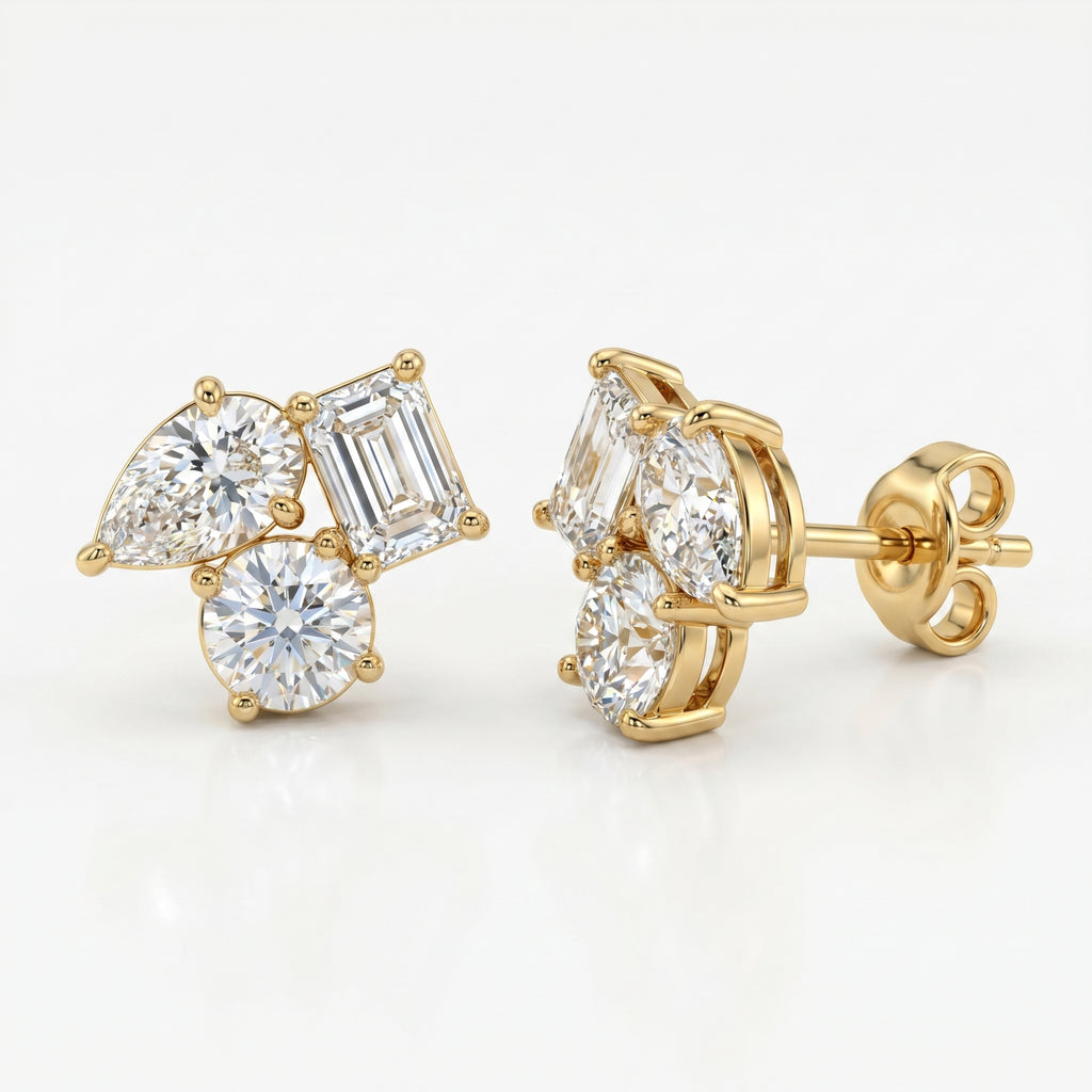 Top view flat lay of modern diamond cluster stud earrings in rose gold on seamless white background
