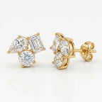 Top view flat lay of modern diamond cluster stud earrings in rose gold on seamless white background