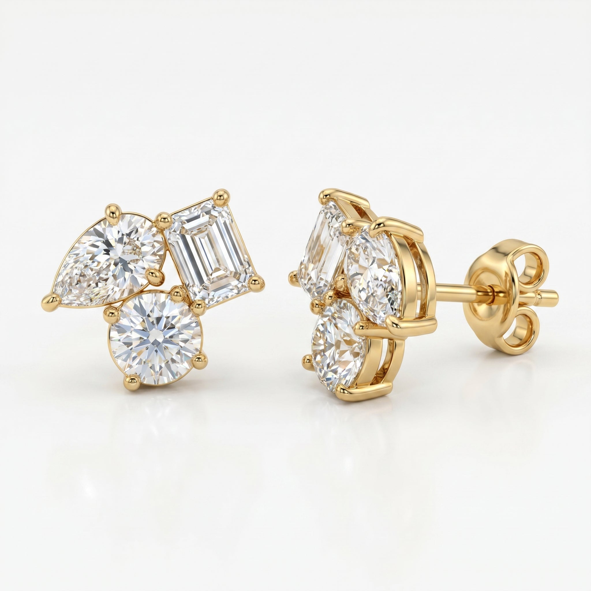 Top view flat lay of modern diamond cluster stud earrings in rose gold on seamless white background