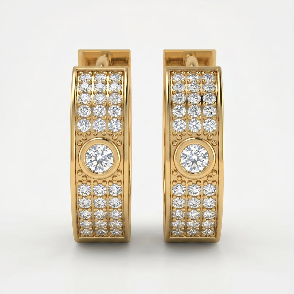Side profile of pavé diamond hoop earrings with polished rose gold finish and secure huggie clasp