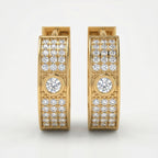 Side profile of pavé diamond hoop earrings with polished rose gold finish and secure huggie clasp