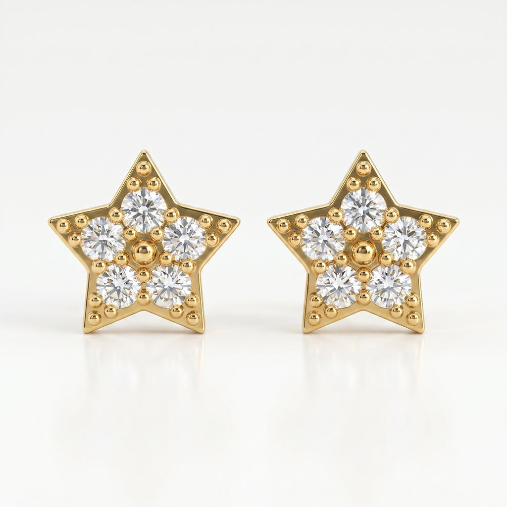 Macro close-up of pavé diamond star earrings showing sparkling stones and intricate gold bead detailing