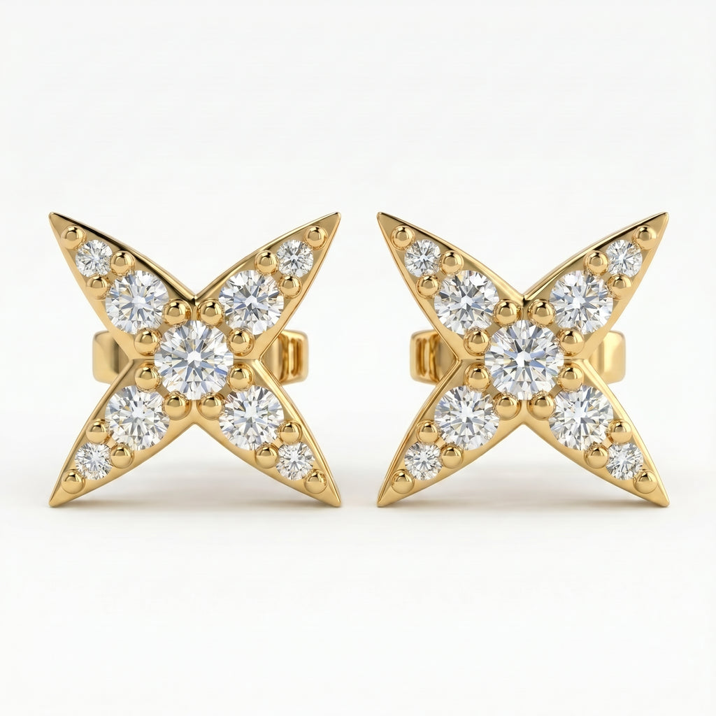 Side profile of diamond star stud earrings featuring secure post backing and polished fine jewelry finish