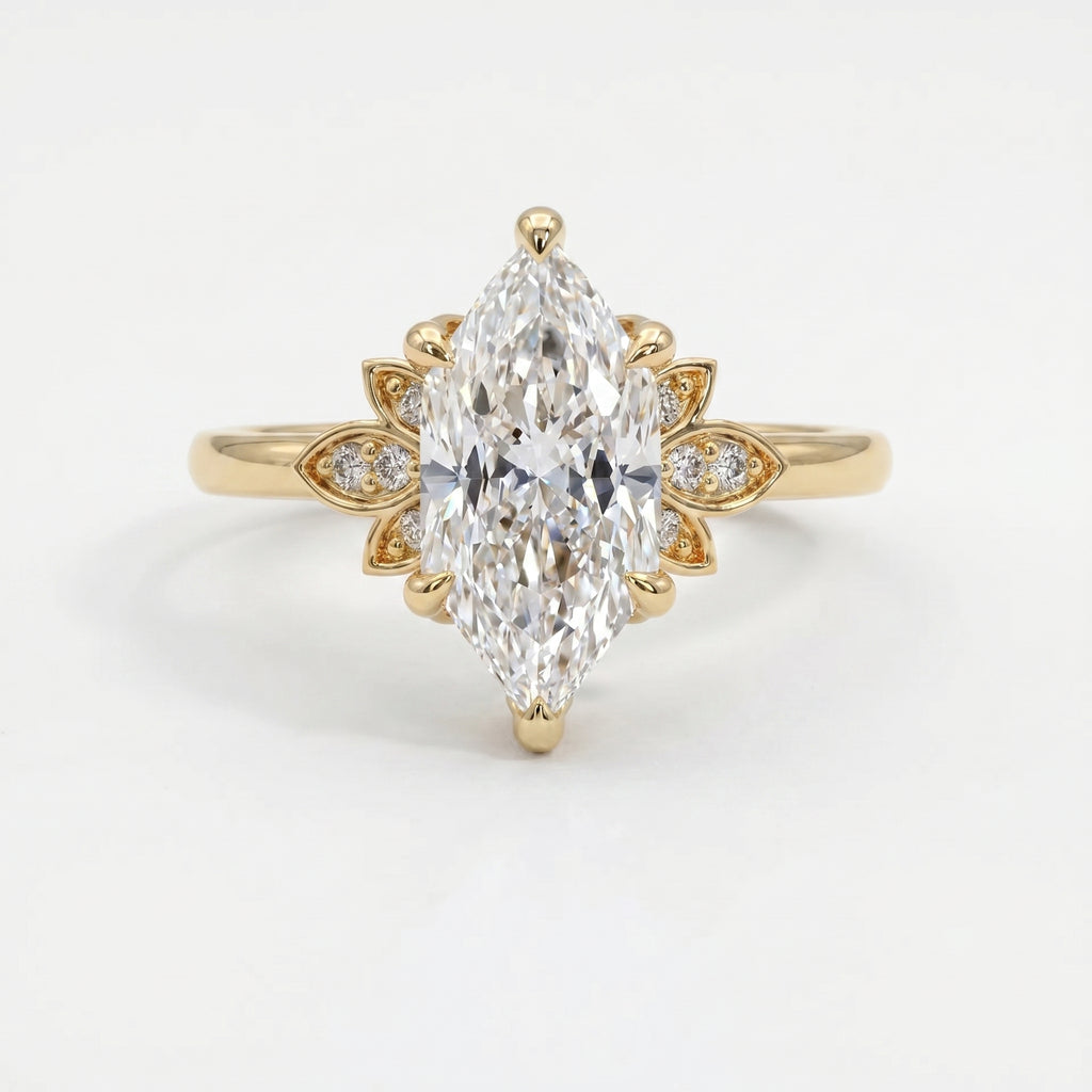 dutch-Marquise diamond engagement ring in yellow gold with floral side accents and pavé diamonds, luxury bridal jewelry