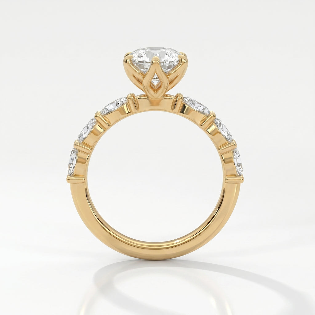 Front view of dutch marquise cut diamond engagement ring in yellow gold with elegant accent diamond setting