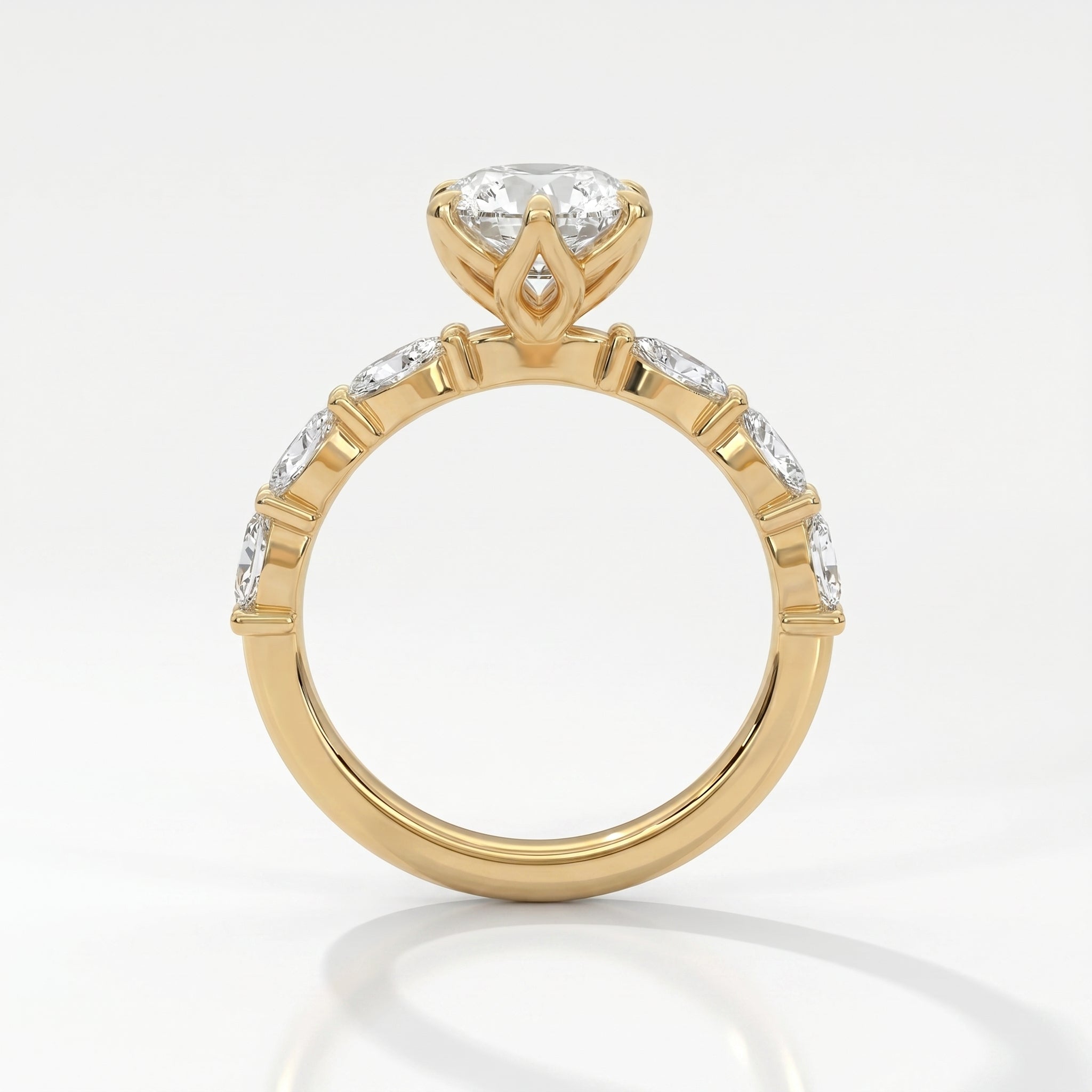 Front view of dutch marquise cut diamond engagement ring in yellow gold with elegant accent diamond setting