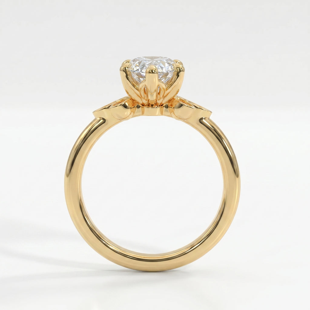 Side profile of dutch marquise diamond engagement ring with elevated floral gallery and polished yellow gold band