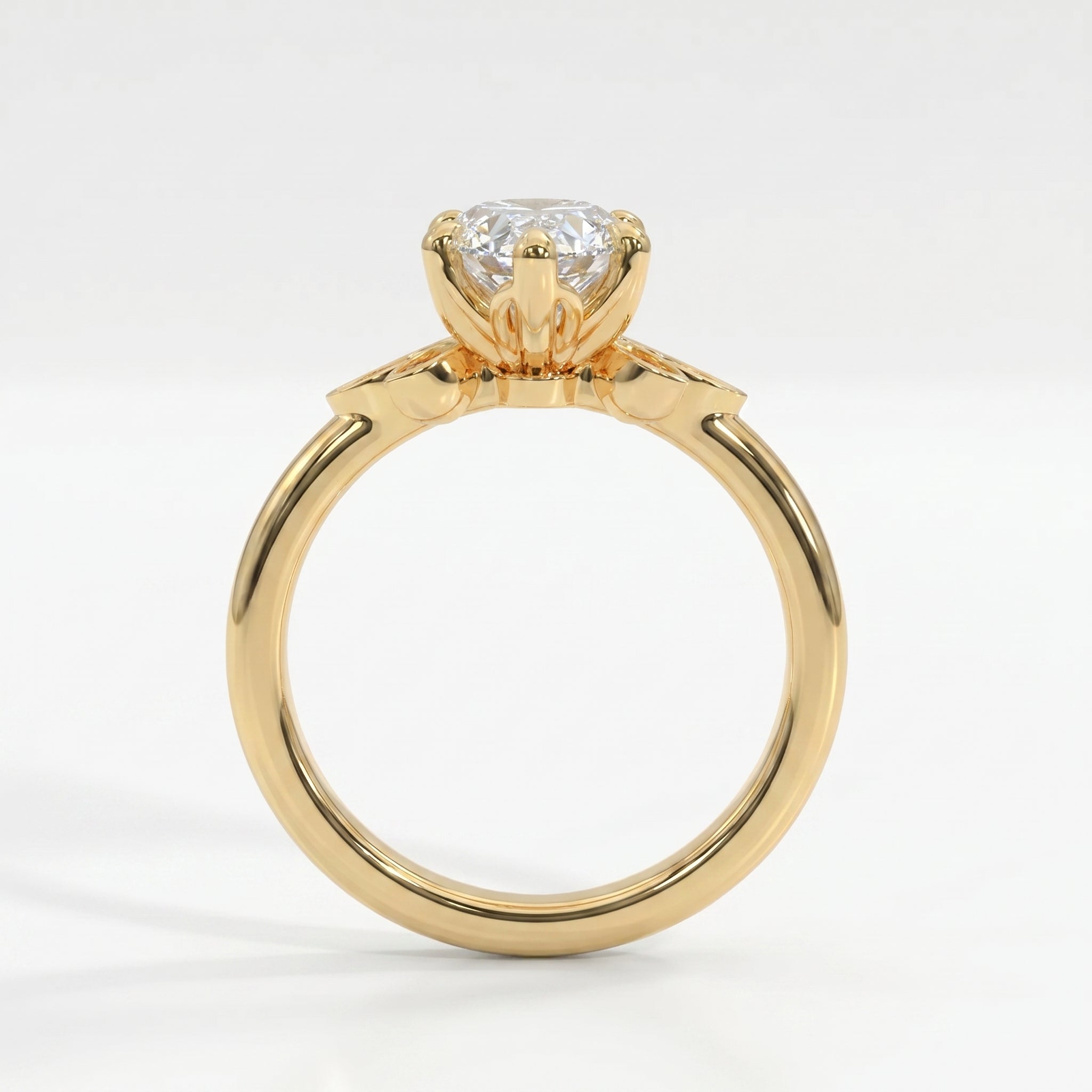 Side profile of dutch marquise diamond engagement ring with elevated floral gallery and polished yellow gold band