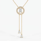 Emerald-cut halo lariat necklace in yellow gold with two pear-shaped diamond drop chains
