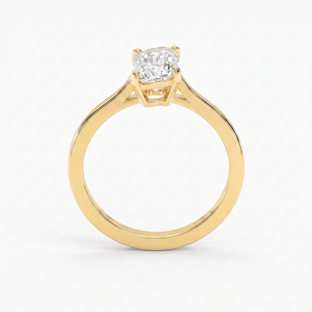 Front view of Flame cut diamond solitaire engagement ring featuring polished yellow gold band and secure four prong setting.
