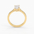 Front view of Flame cut diamond solitaire engagement ring featuring polished yellow gold band and secure four prong setting.