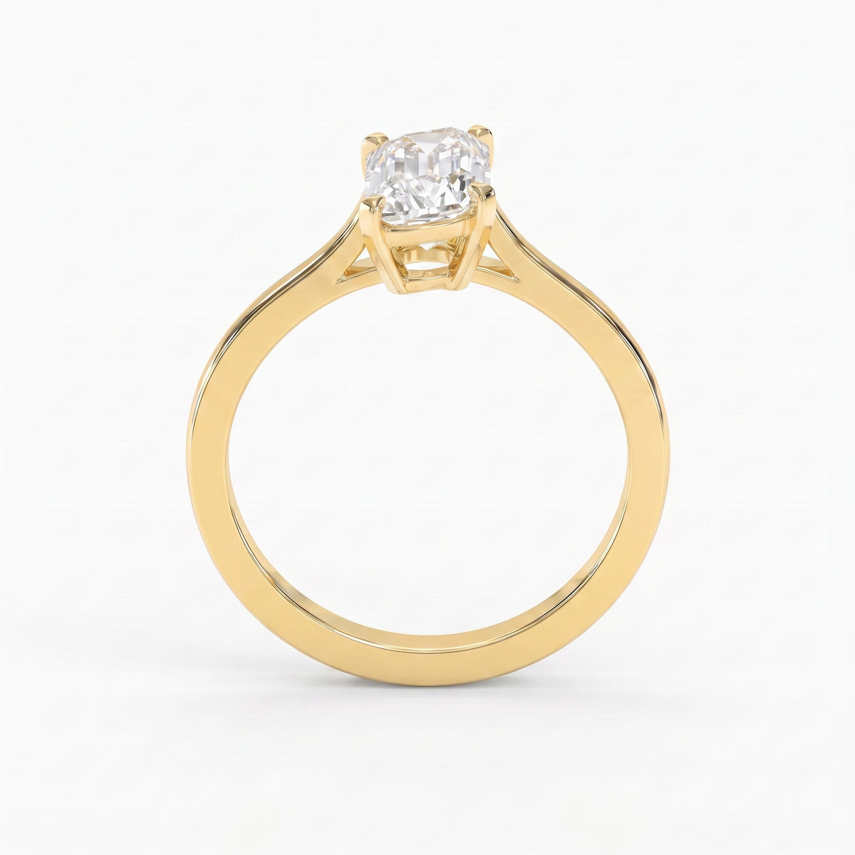 Front view of Flame cut diamond solitaire engagement ring featuring polished yellow gold band and secure four prong setting.