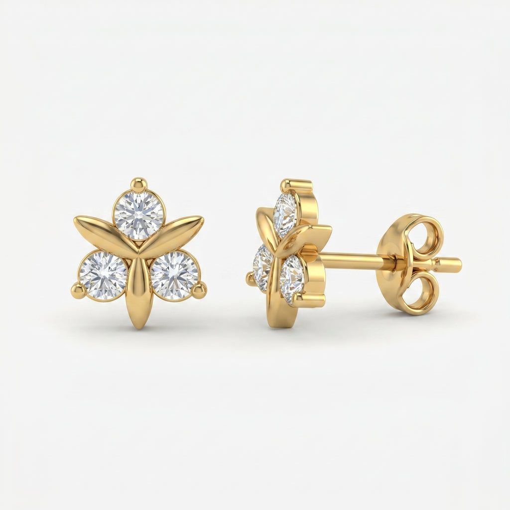 Woman wearing rose gold floral stud earrings with sparkling stones in elegant minimalist lifestyle setting