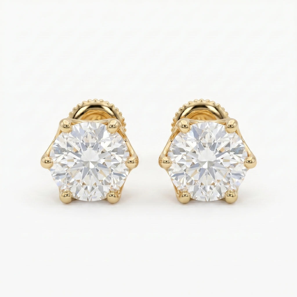 Classic 6 Prong Round Brilliant Diamond Stud Earrings