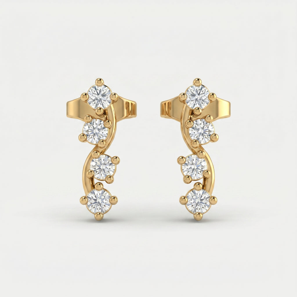 Luxury yellow gold curved stud earrings with four round brilliant stones on a clean white background