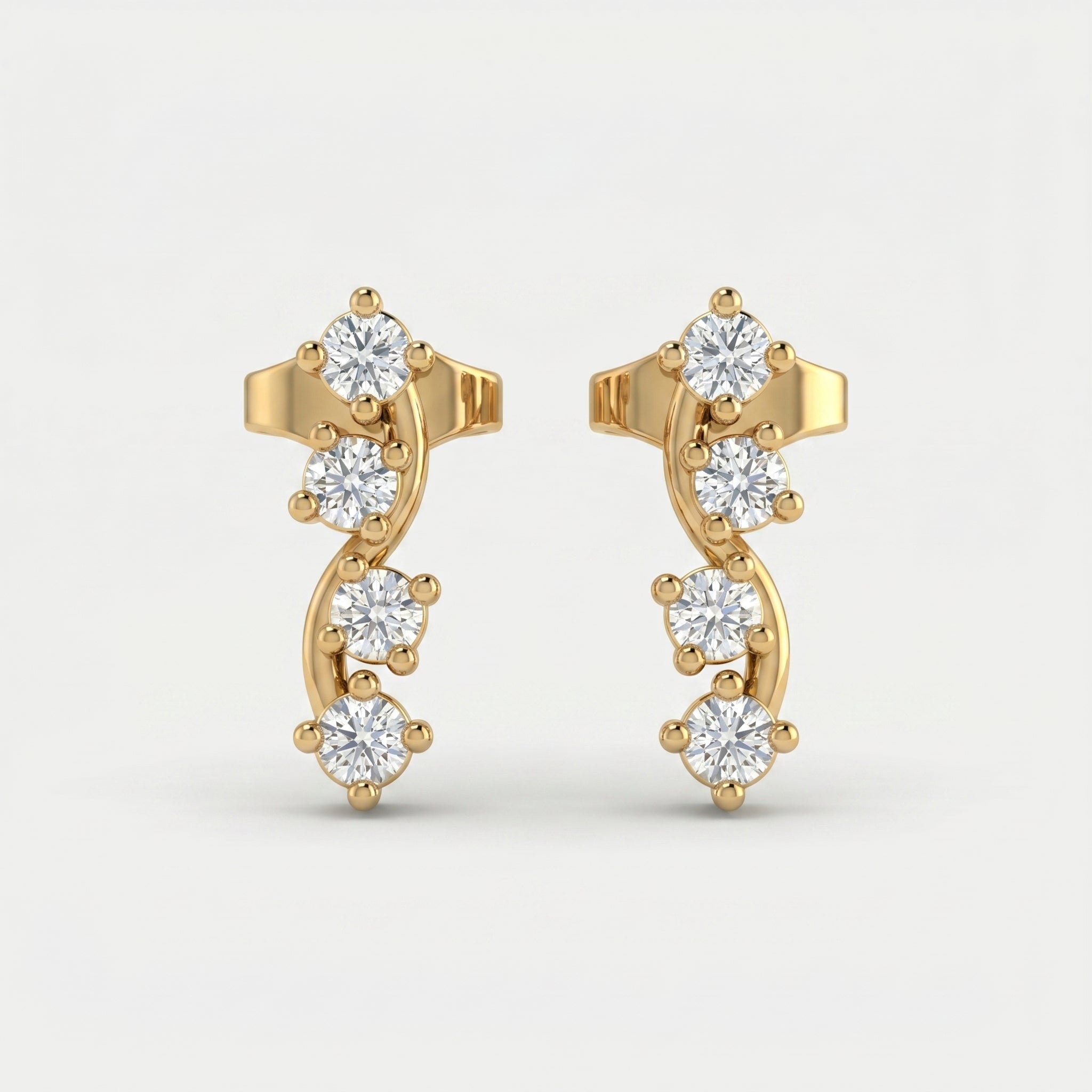 Luxury yellow gold curved stud earrings with four round brilliant stones on a clean white background