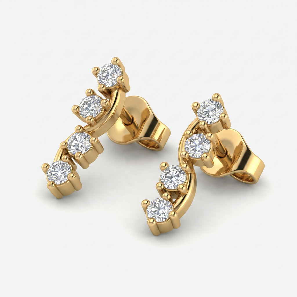 Luxury yellow gold curved stud earrings with four round brilliant stones on a clean white background