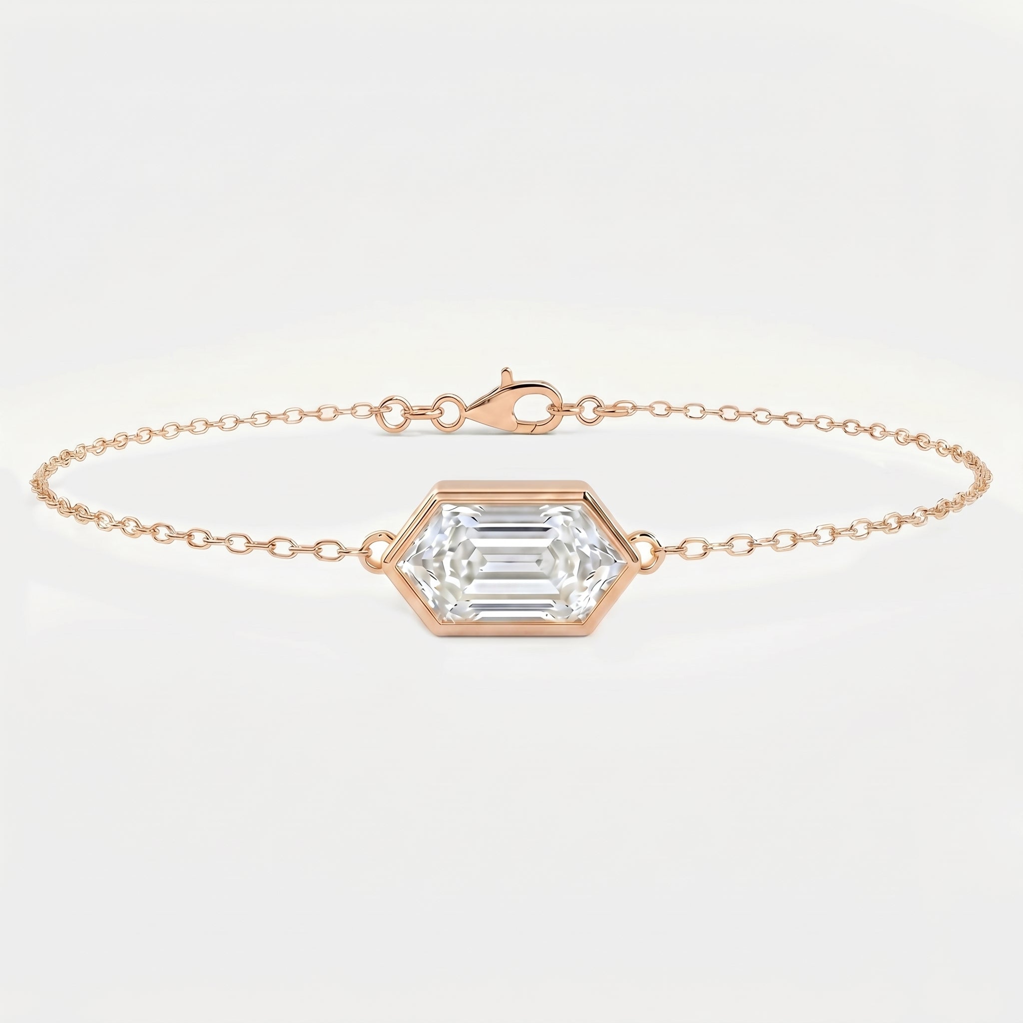Minimalist hexagon diamond chain bracelet in Rose gold with bezel setting on clean white background