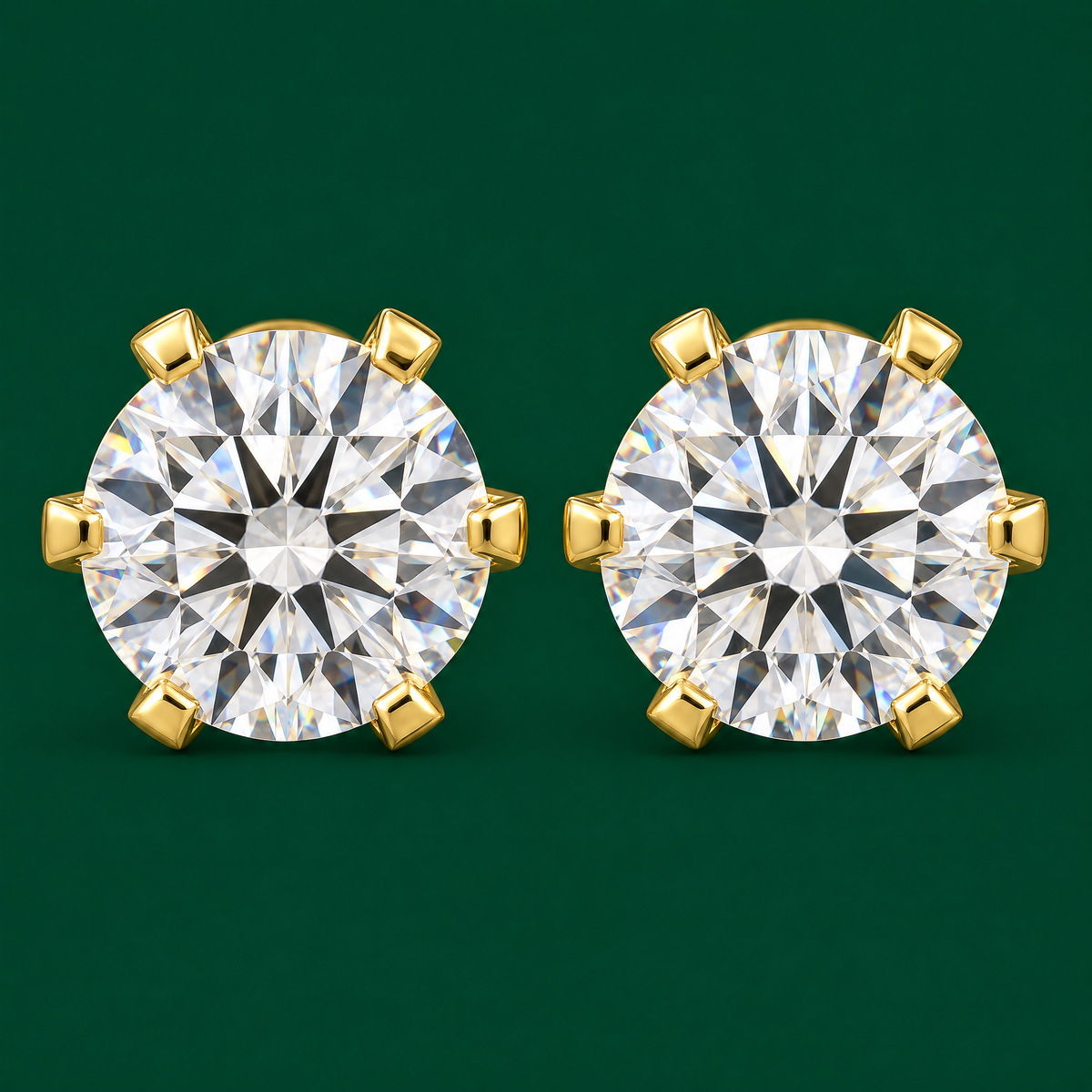 Classic 6-prong round diamond stud earrings in 18K yellow gold, front view