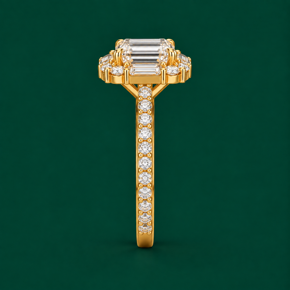 Emerald Cut Baguette Halo Ring, view 4
