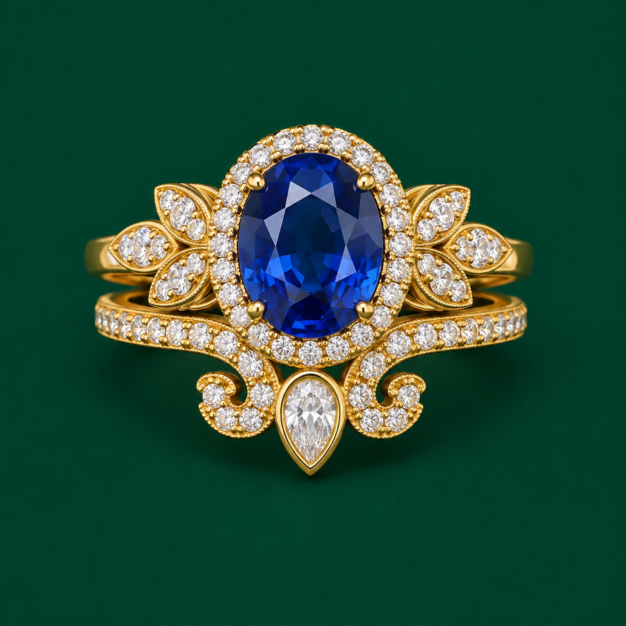 Oval Blue Sapphire Halo Ring