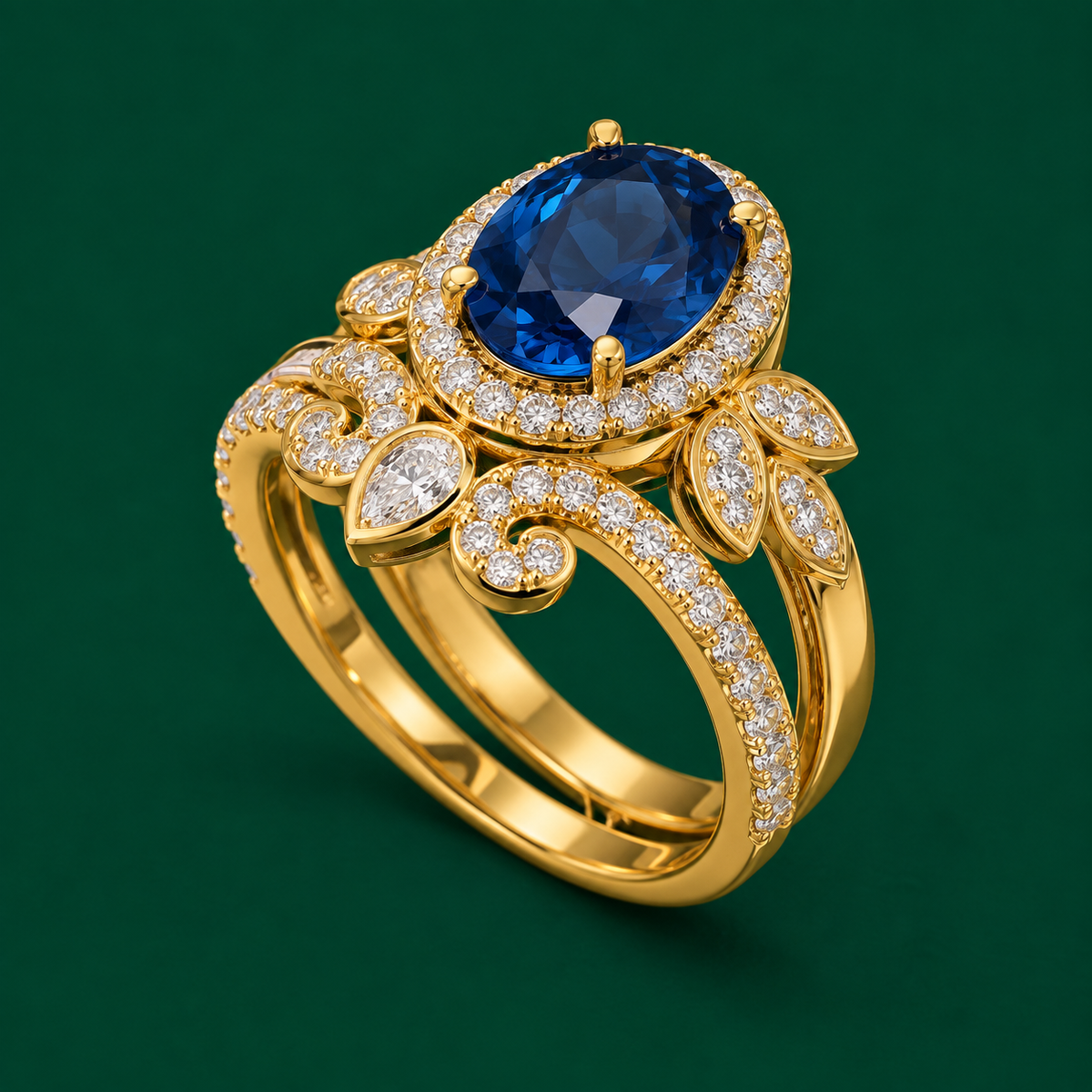 Oval Blue Sapphire Halo Ring, view 2