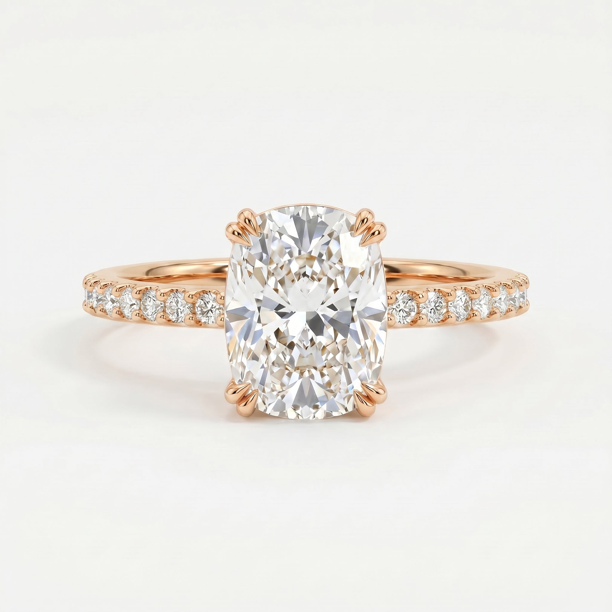 Cushion Cut Diamond Pave Side Stone Engagement Ring