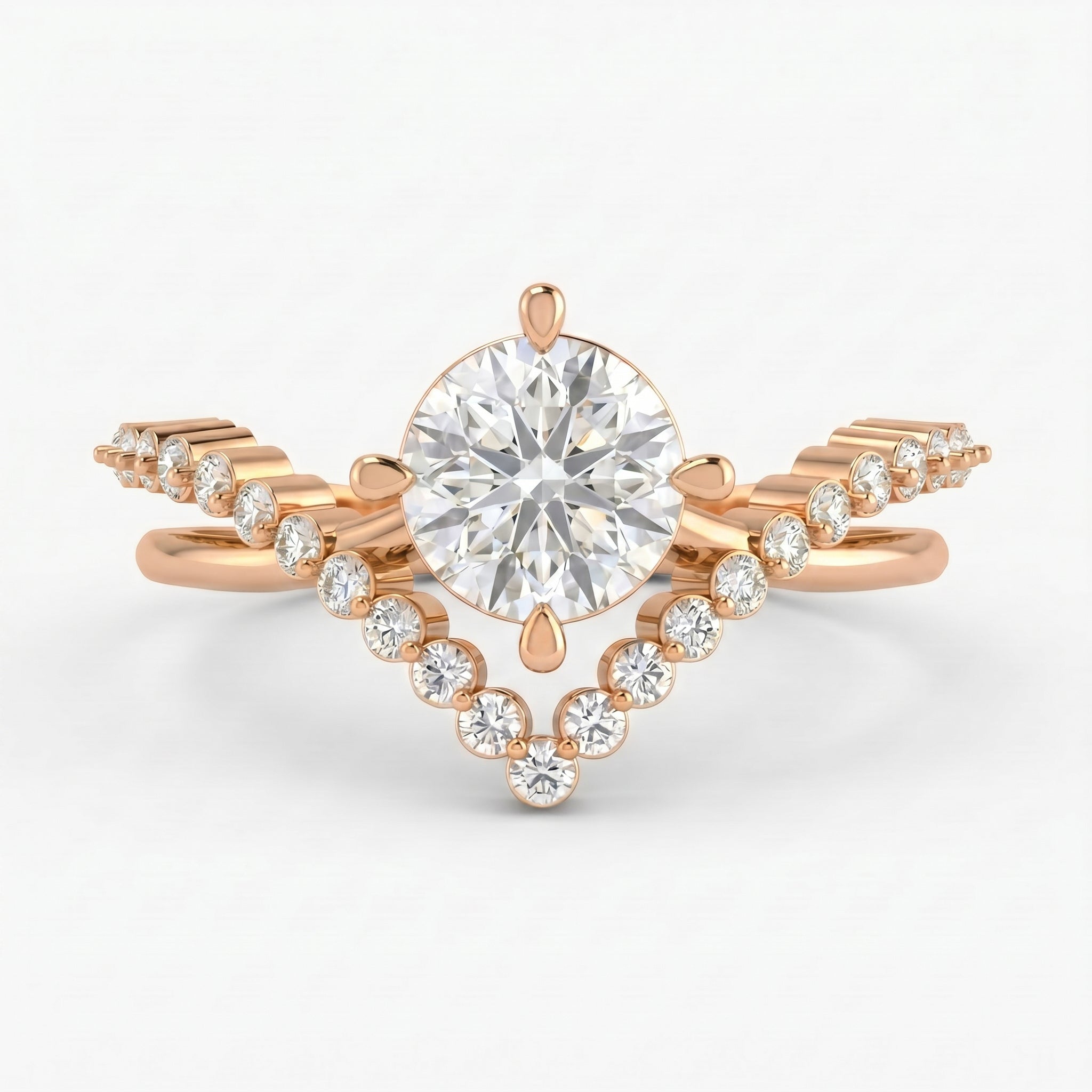 Round Cut Diamond Split Shank Chevron Pave Side Stone Engagement Ring